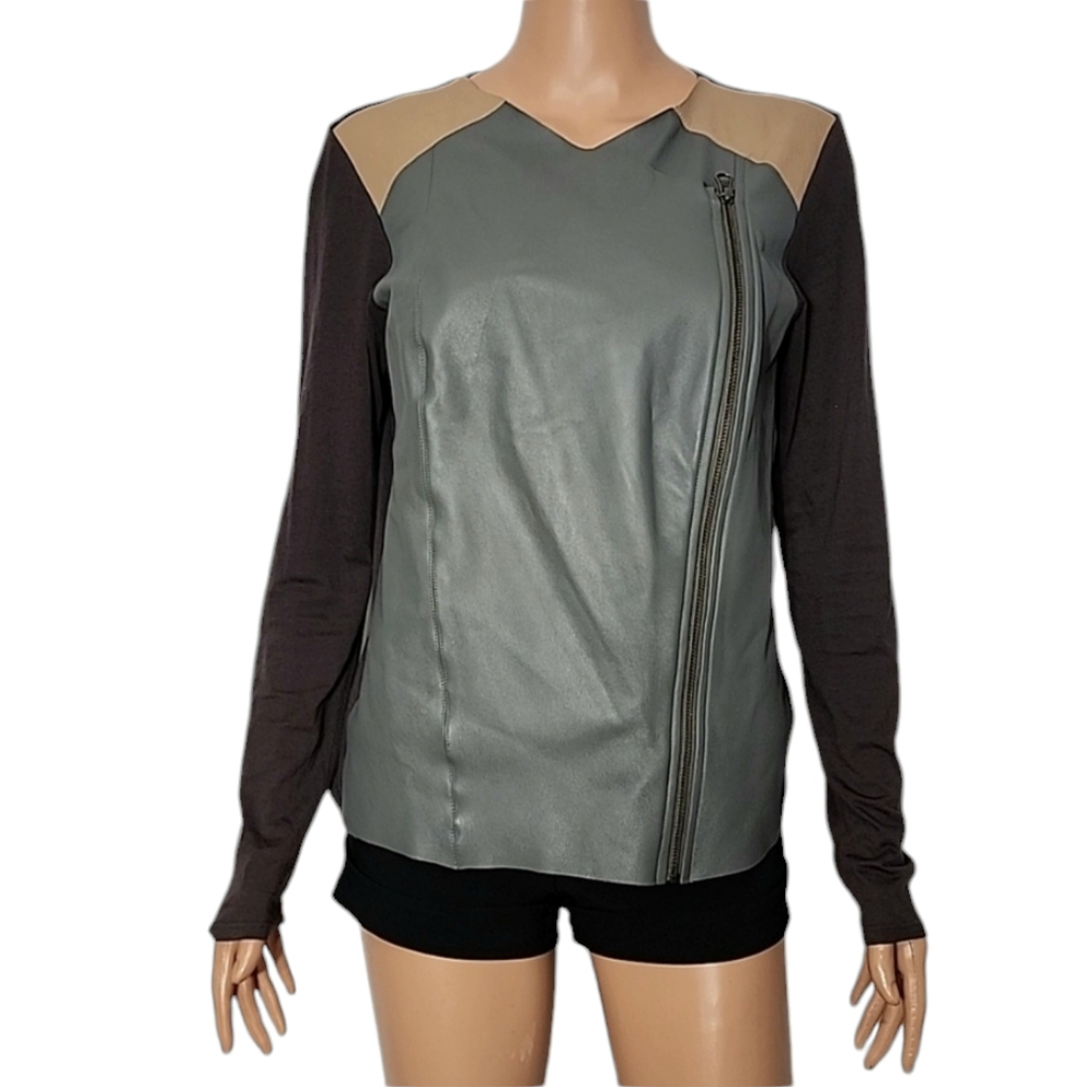 Michael Stars Colorblock Leather Moto Jacket‎ brown/Gray Size M Medium